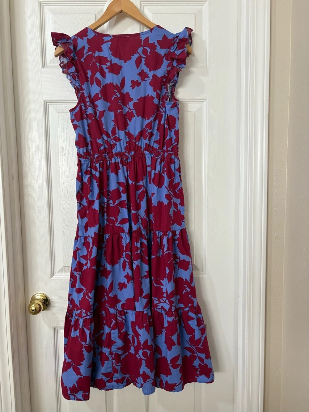 J. Crew Blue and Magenta Floral Tiered V‑Neck Midi Dress